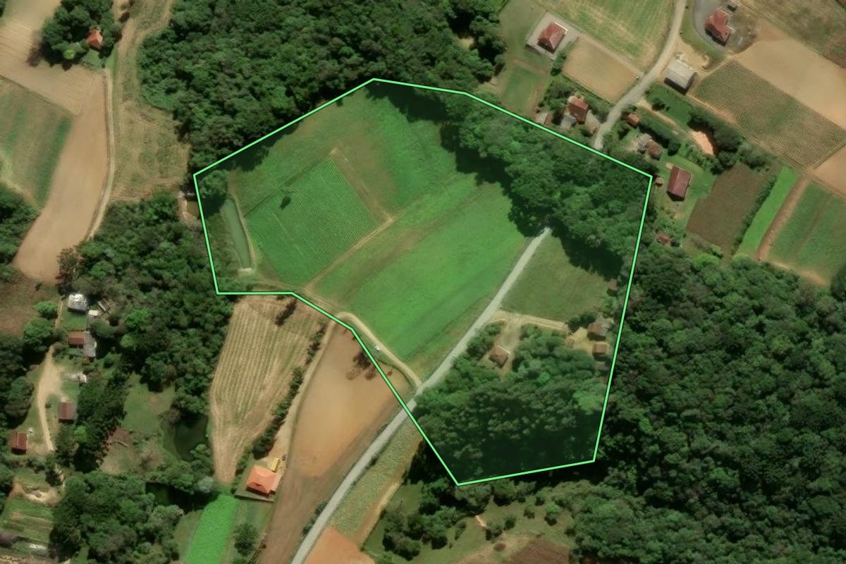 Imagem de satélite do imóvel rural em São José dos Pinhais (PR), com o contorno declarado no CAR desenhado por cima.