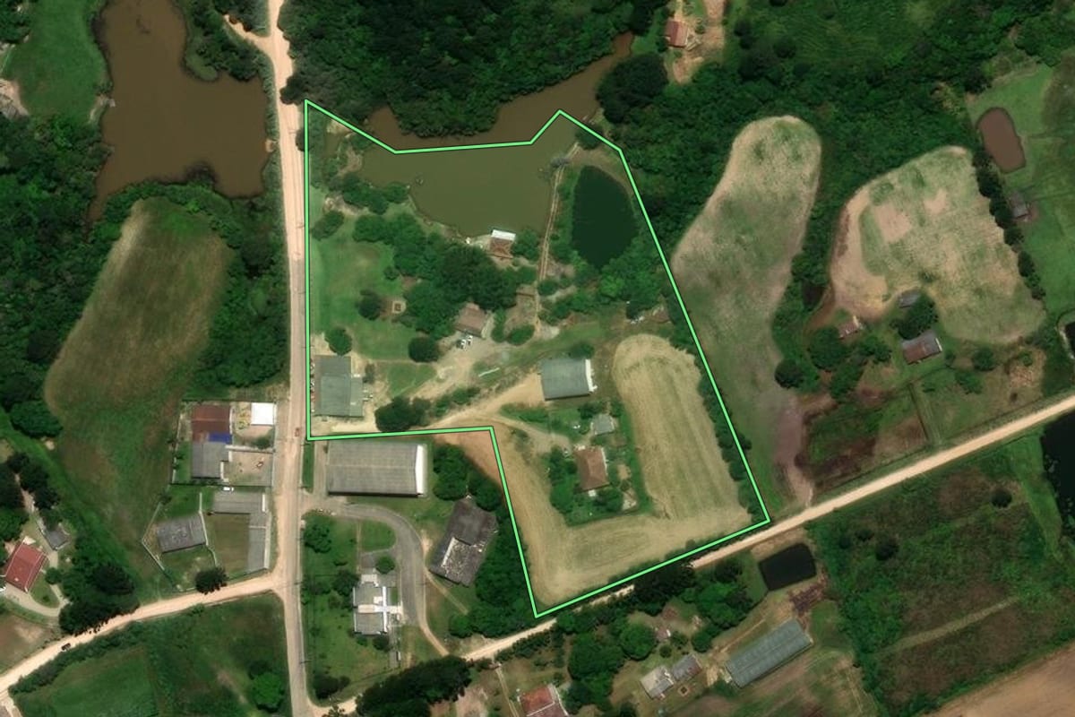 Imagem de satélite do imóvel rural em São José dos Pinhais (PR), com o contorno declarado no CAR desenhado por cima.