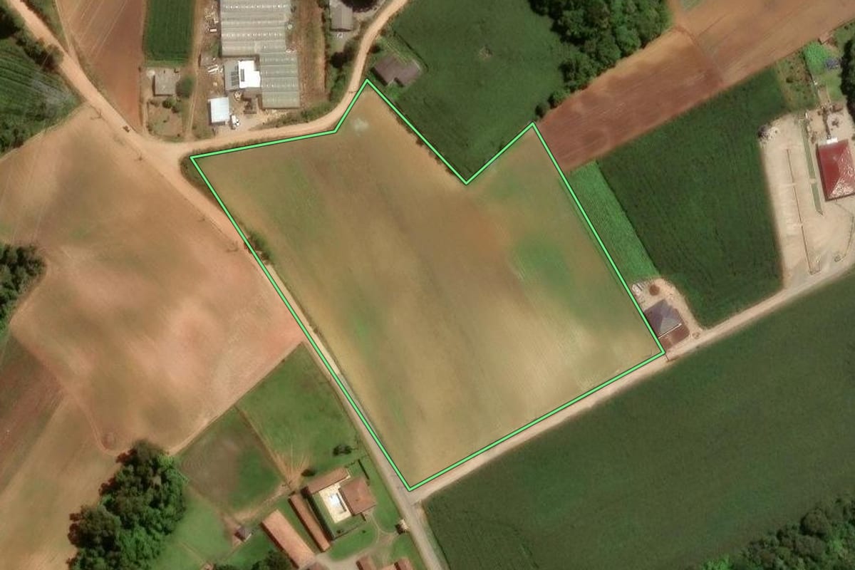 Imagem de satélite do imóvel rural em São José dos Pinhais (PR), com o contorno declarado no CAR desenhado por cima.