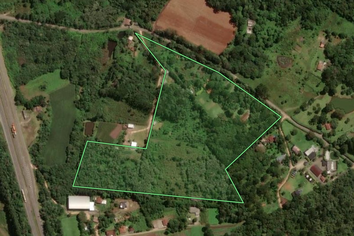Imagem de satélite do imóvel rural em São José dos Pinhais (PR), com o contorno declarado no CAR desenhado por cima.