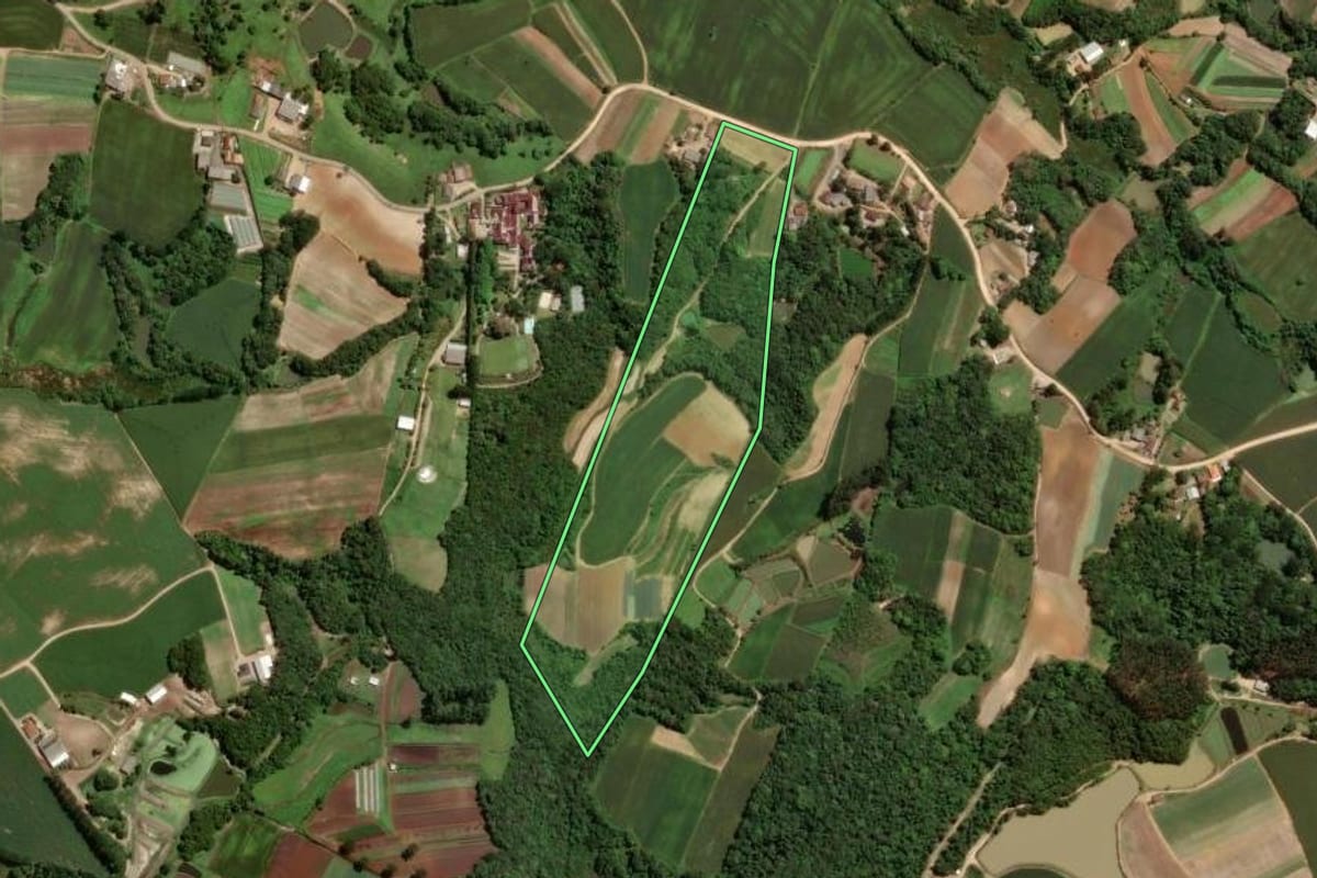 Imagem de satélite do imóvel rural em São José dos Pinhais (PR), com o contorno declarado no CAR desenhado por cima.