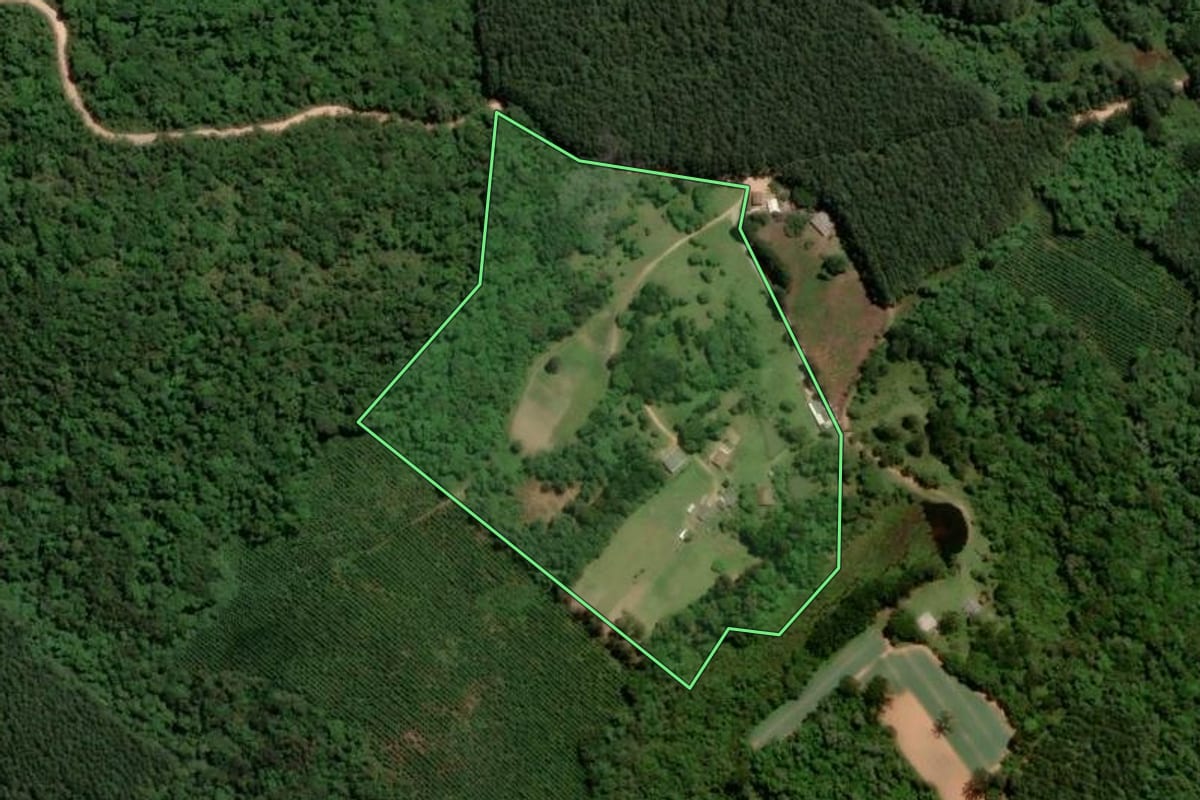 Imagem de satélite do imóvel rural em São José dos Pinhais (PR), com o contorno declarado no CAR desenhado por cima.