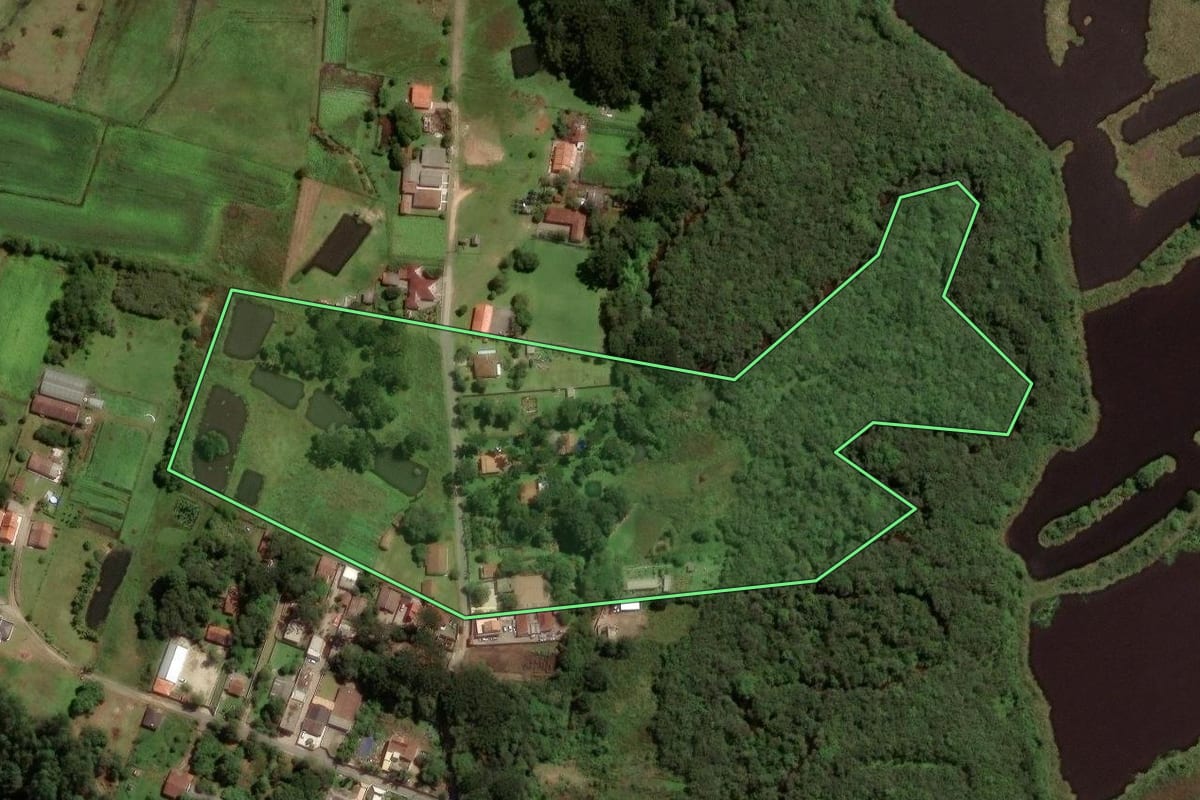 Imagem de satélite do imóvel rural em São José dos Pinhais (PR), com o contorno declarado no CAR desenhado por cima.