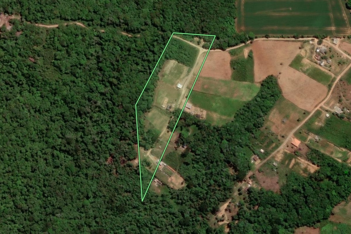 Imagem de satélite do imóvel rural em São José dos Pinhais (PR), com o contorno declarado no CAR desenhado por cima.