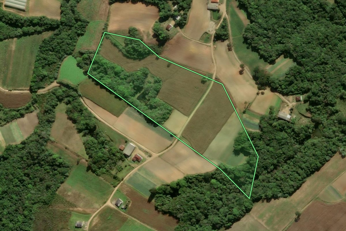 Imagem de satélite do imóvel rural em São José dos Pinhais (PR), com o contorno declarado no CAR desenhado por cima.