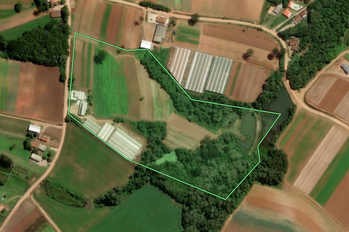 Imagem de satélite do imóvel rural em São José dos Pinhais (PR), com o contorno declarado no CAR desenhado por cima.