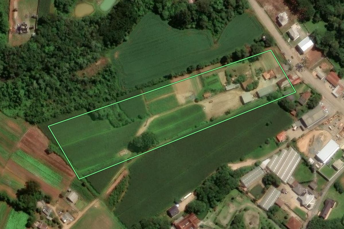 Imagem de satélite do imóvel rural em São José dos Pinhais (PR), com o contorno declarado no CAR desenhado por cima.