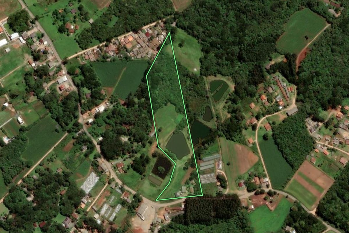 Imagem de satélite do imóvel rural em São José dos Pinhais (PR), com o contorno declarado no CAR desenhado por cima.