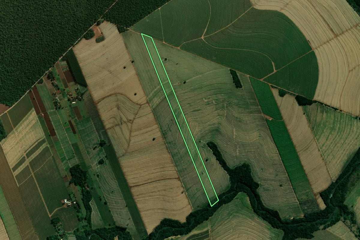 Imagem de satélite do imóvel rural em São Manoel do Paraná (PR), com o contorno declarado no CAR desenhado por cima.