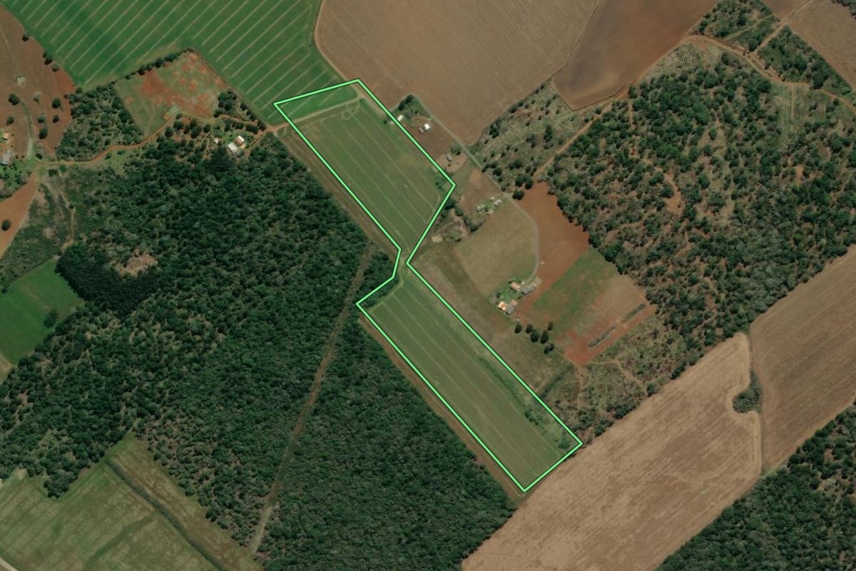 Imagem de satélite do imóvel rural em São Mateus do Sul (PR), com o contorno declarado no CAR desenhado por cima.