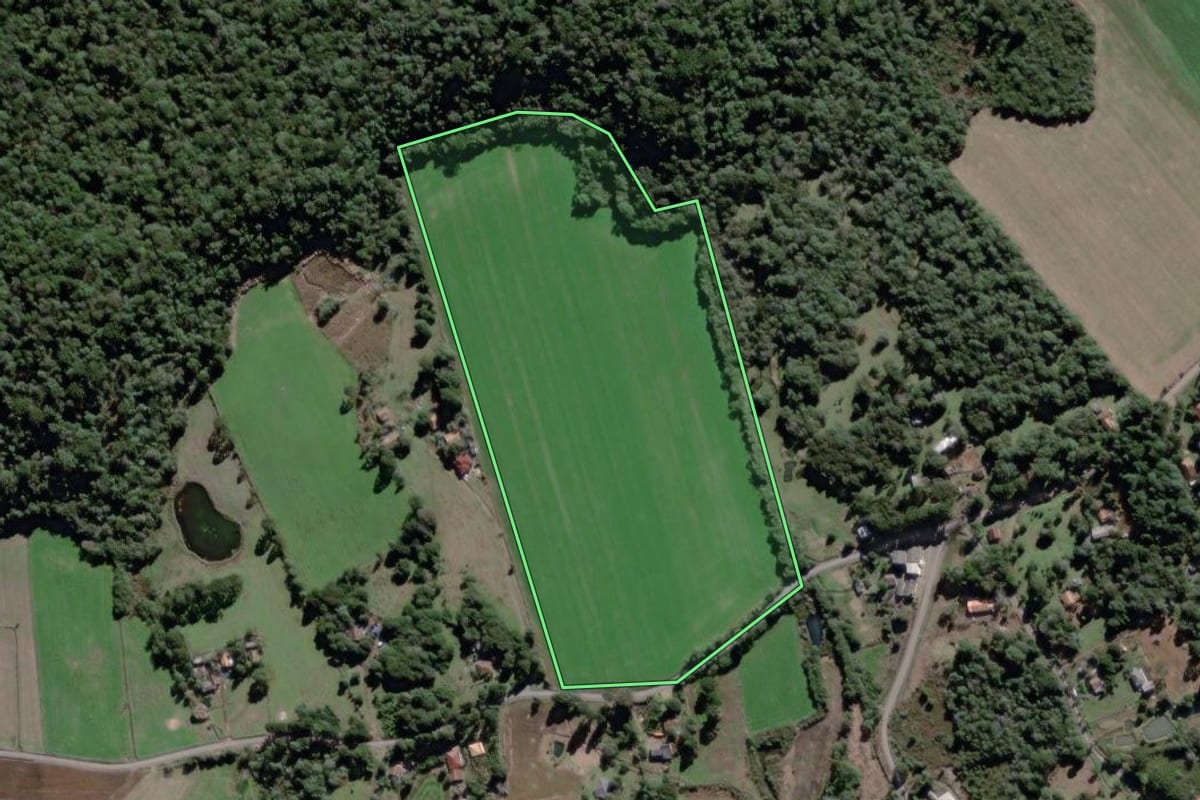 Imagem de satélite do imóvel rural em São Mateus do Sul (PR), com o contorno declarado no CAR desenhado por cima.