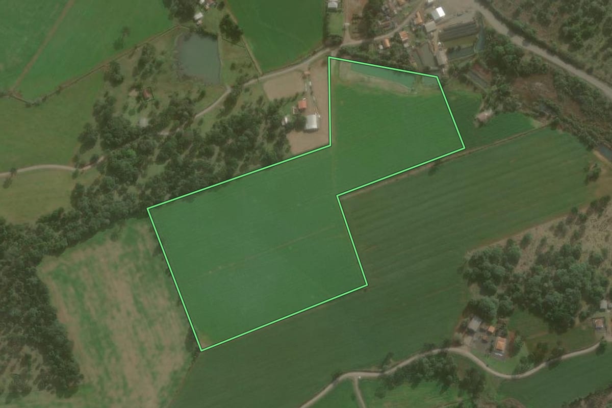 Imagem de satélite do imóvel rural em São Mateus do Sul (PR), com o contorno declarado no CAR desenhado por cima.