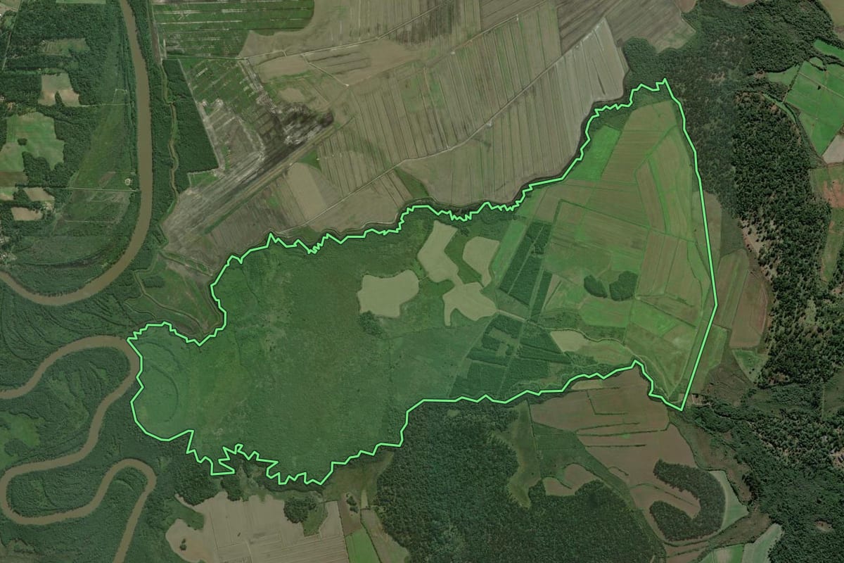 Imagem de satélite do imóvel rural em São Mateus do Sul (PR), com o contorno declarado no CAR desenhado por cima.