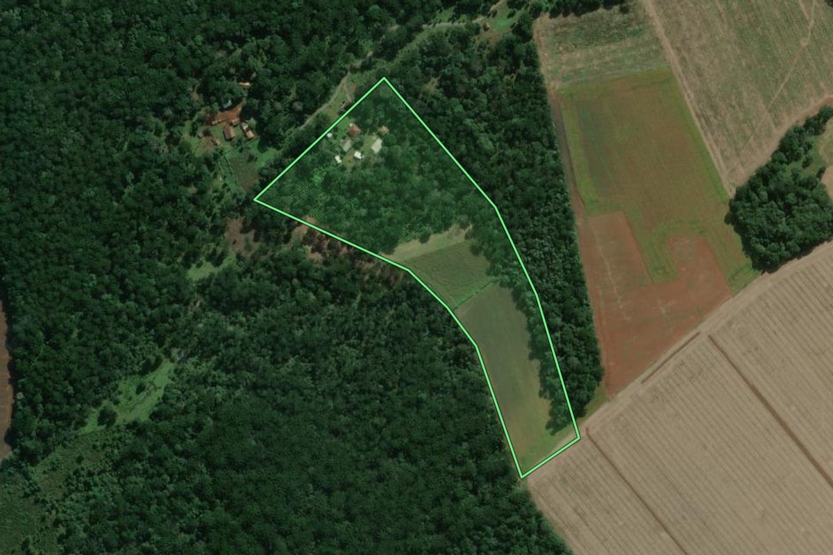 Imagem de satélite do imóvel rural em São Mateus do Sul (PR), com o contorno declarado no CAR desenhado por cima.