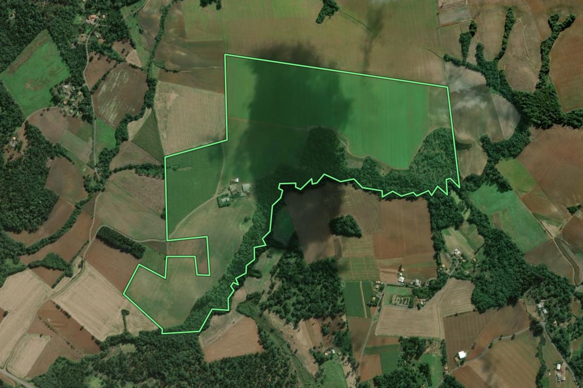 Imagem de satélite do imóvel rural em São Mateus do Sul (PR), com o contorno declarado no CAR desenhado por cima.