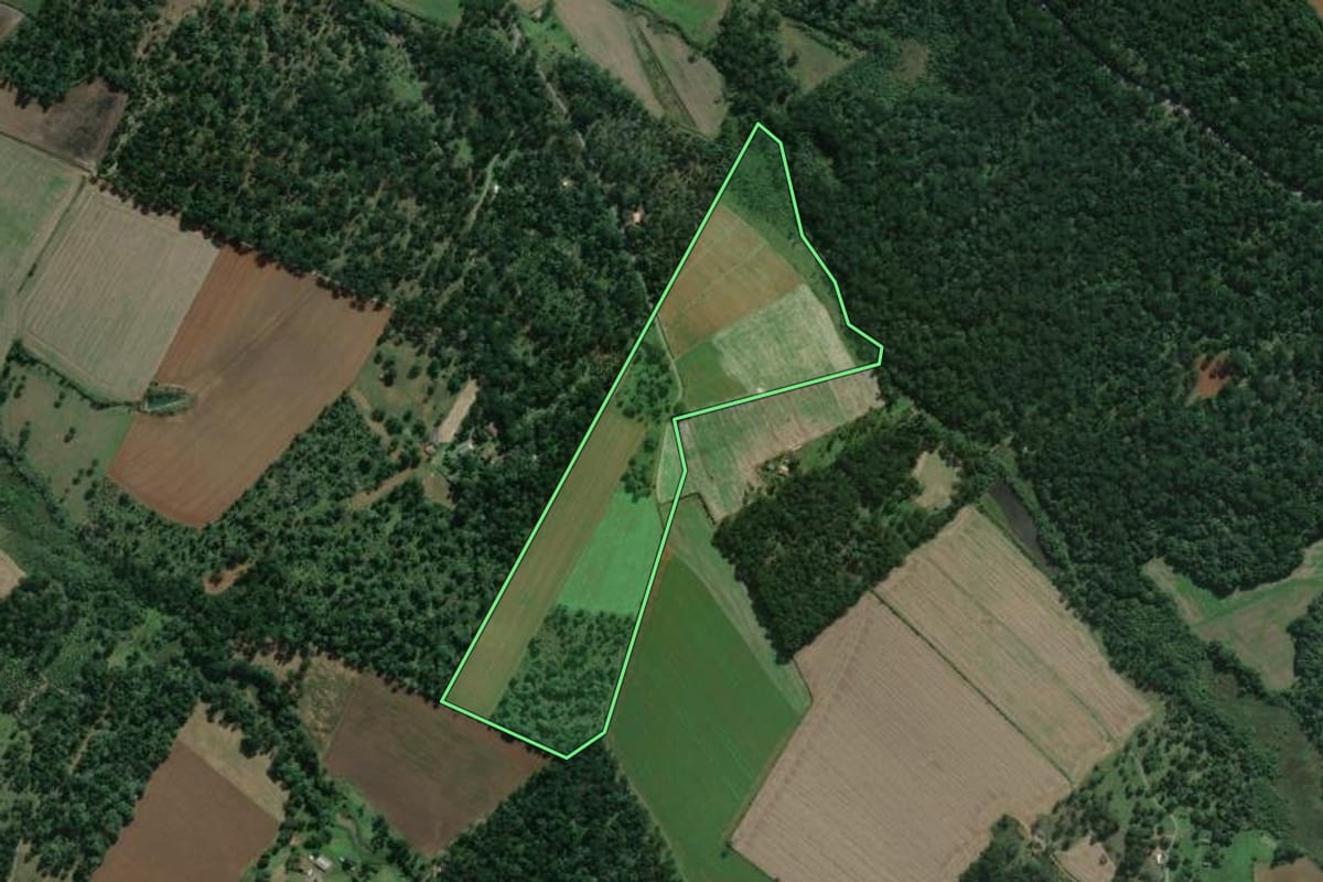 Imagem de satélite do imóvel rural em São Mateus do Sul (PR), com o contorno declarado no CAR desenhado por cima.