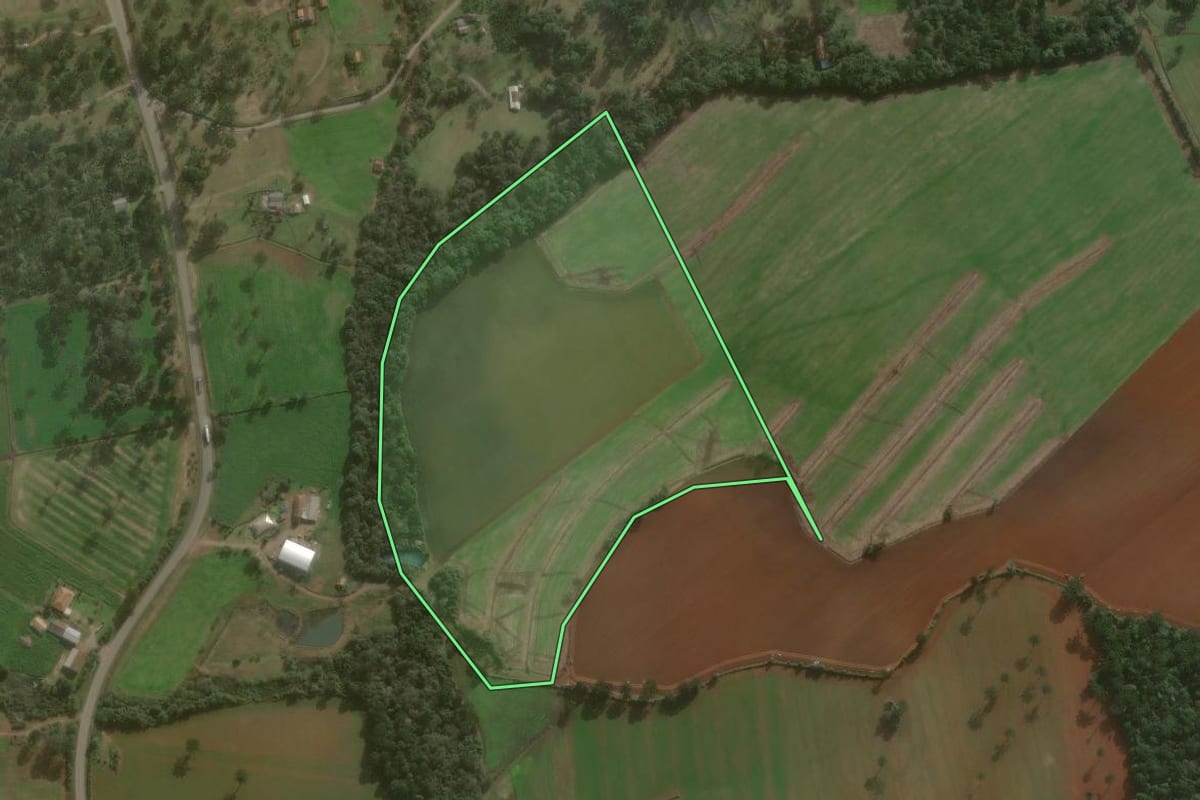 Imagem de satélite do imóvel rural em São Mateus do Sul (PR), com o contorno declarado no CAR desenhado por cima.