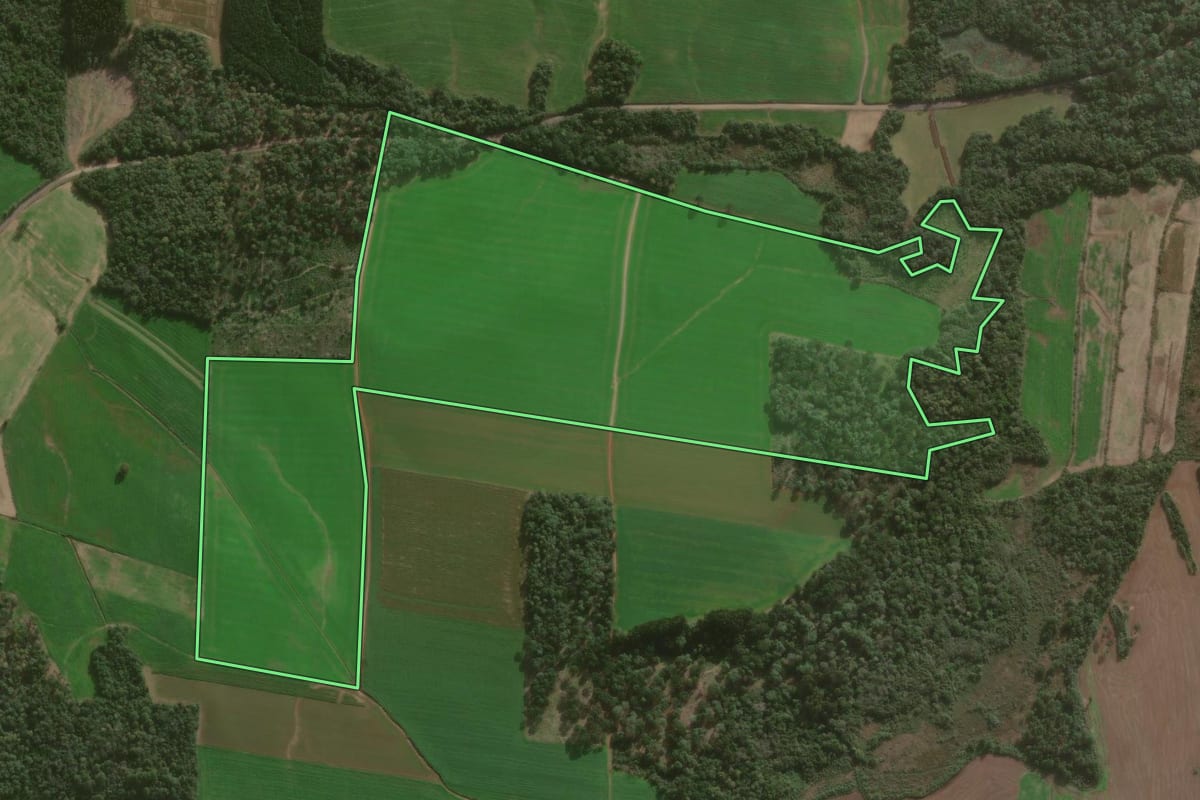 Imagem de satélite do imóvel rural em São Mateus do Sul (PR), com o contorno declarado no CAR desenhado por cima.