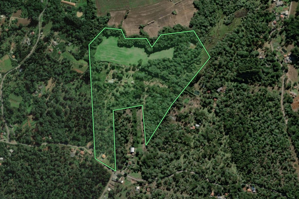 Imagem de satélite do imóvel rural em São Mateus do Sul (PR), com o contorno declarado no CAR desenhado por cima.
