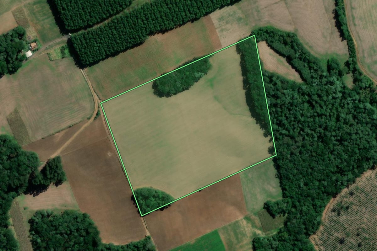 Imagem de satélite do imóvel rural em São Mateus do Sul (PR), com o contorno declarado no CAR desenhado por cima.