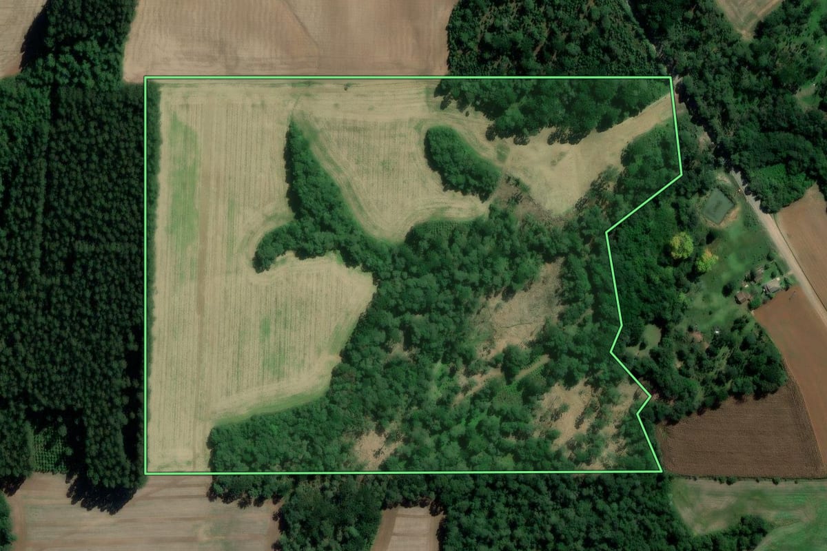 Imagem de satélite do imóvel rural em São Mateus do Sul (PR), com o contorno declarado no CAR desenhado por cima.