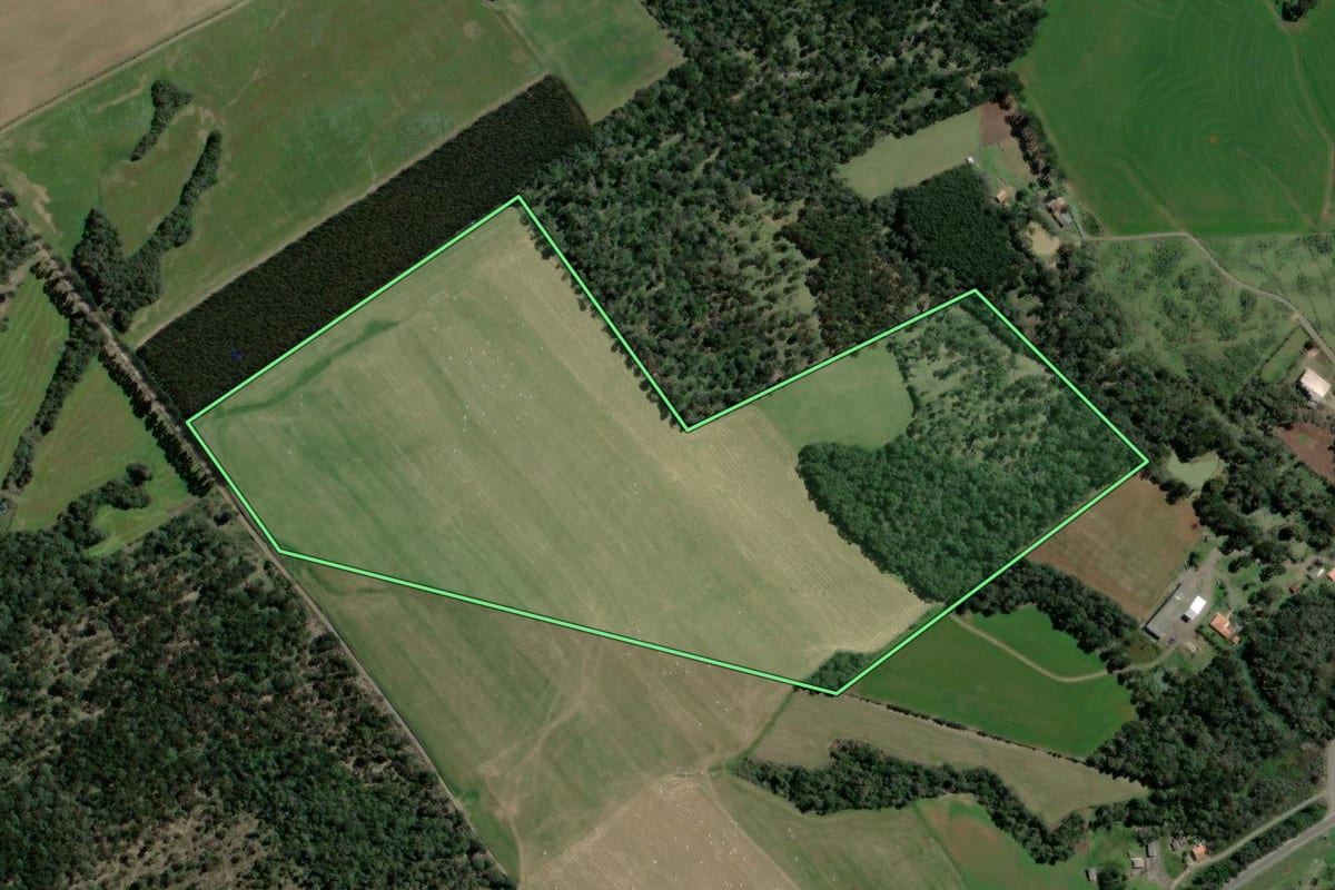 Imagem de satélite do imóvel rural em São Mateus do Sul (PR), com o contorno declarado no CAR desenhado por cima.