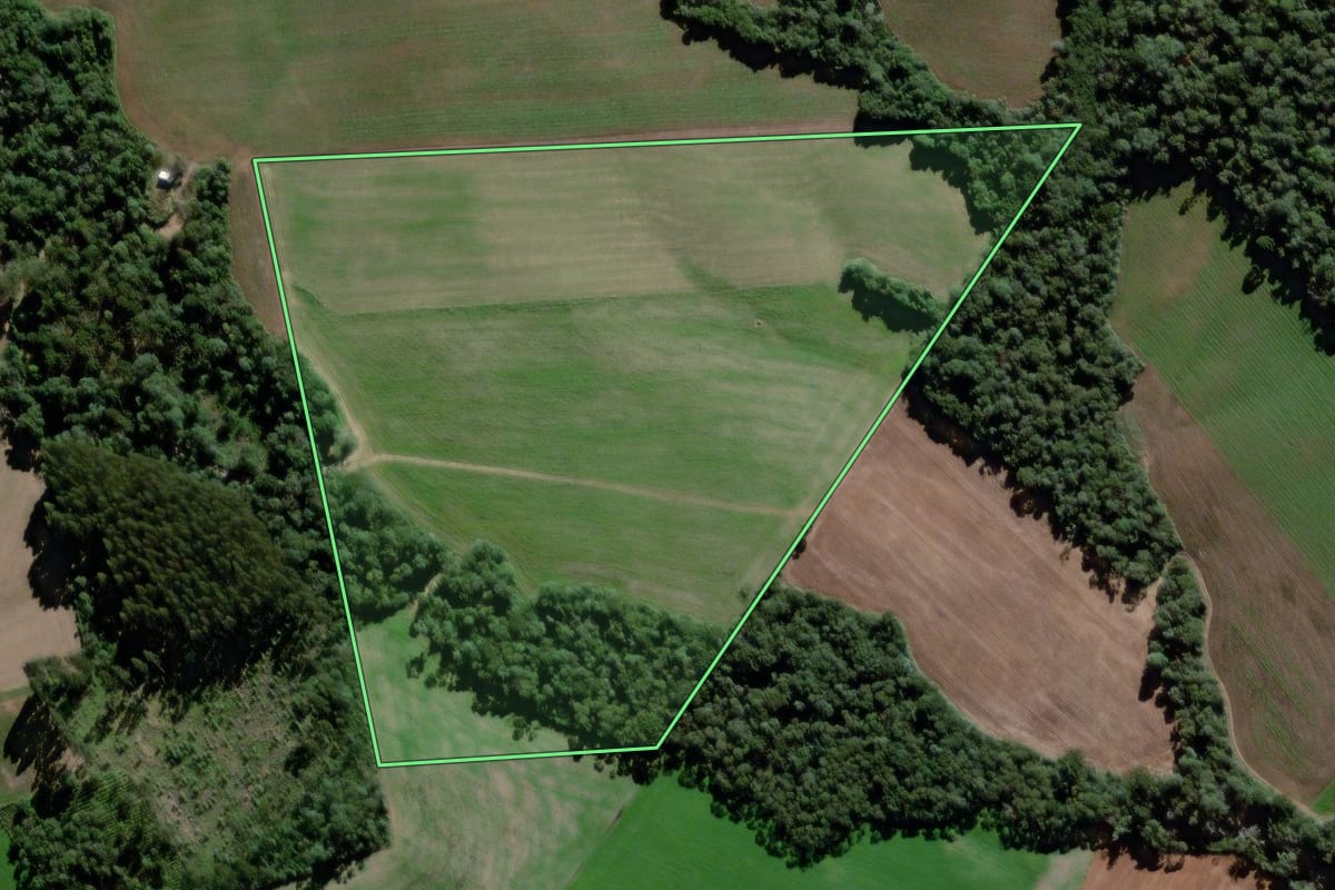 Imagem de satélite do imóvel rural em São Mateus do Sul (PR), com o contorno declarado no CAR desenhado por cima.