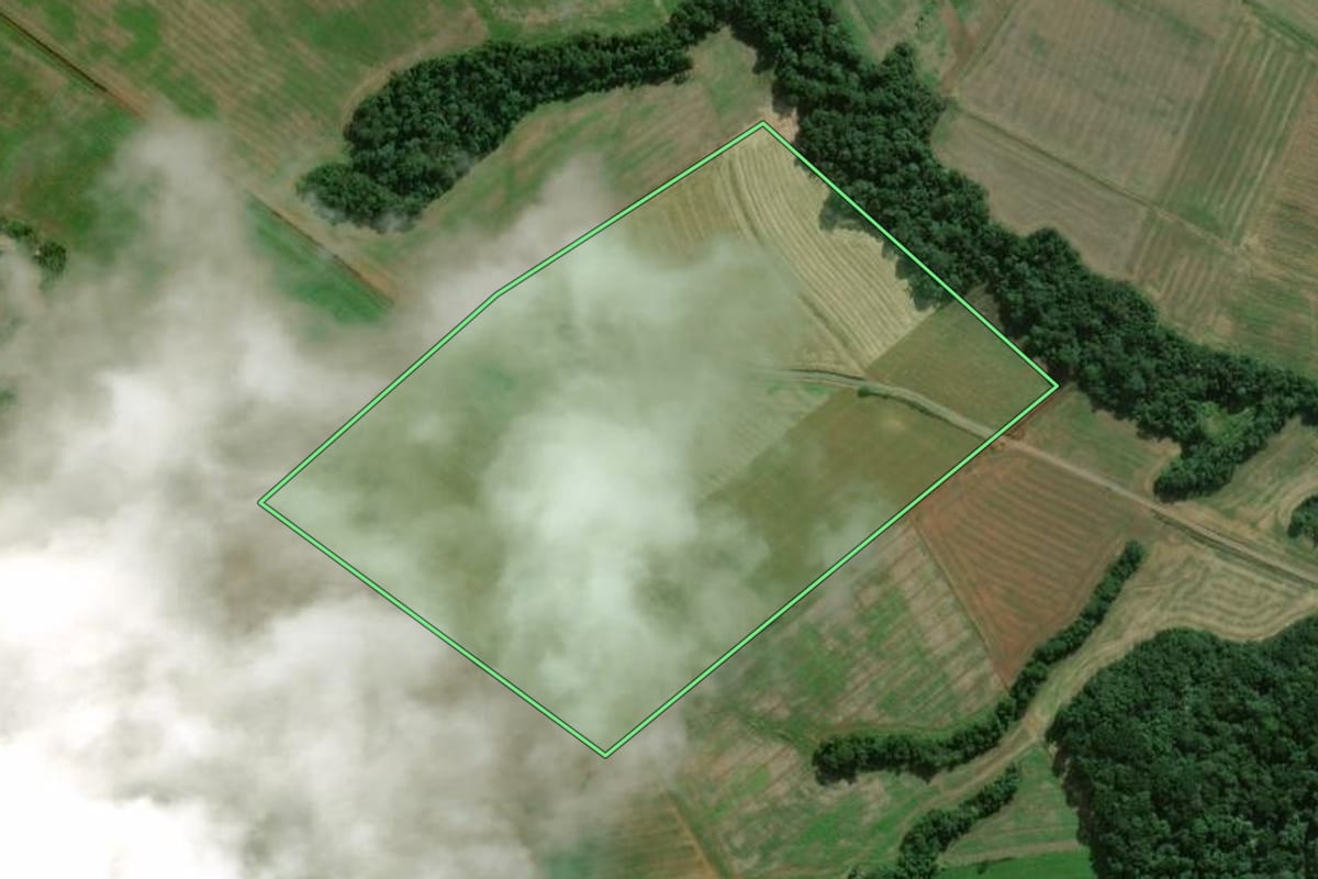 Imagem de satélite do imóvel rural em São Mateus do Sul (PR), com o contorno declarado no CAR desenhado por cima.