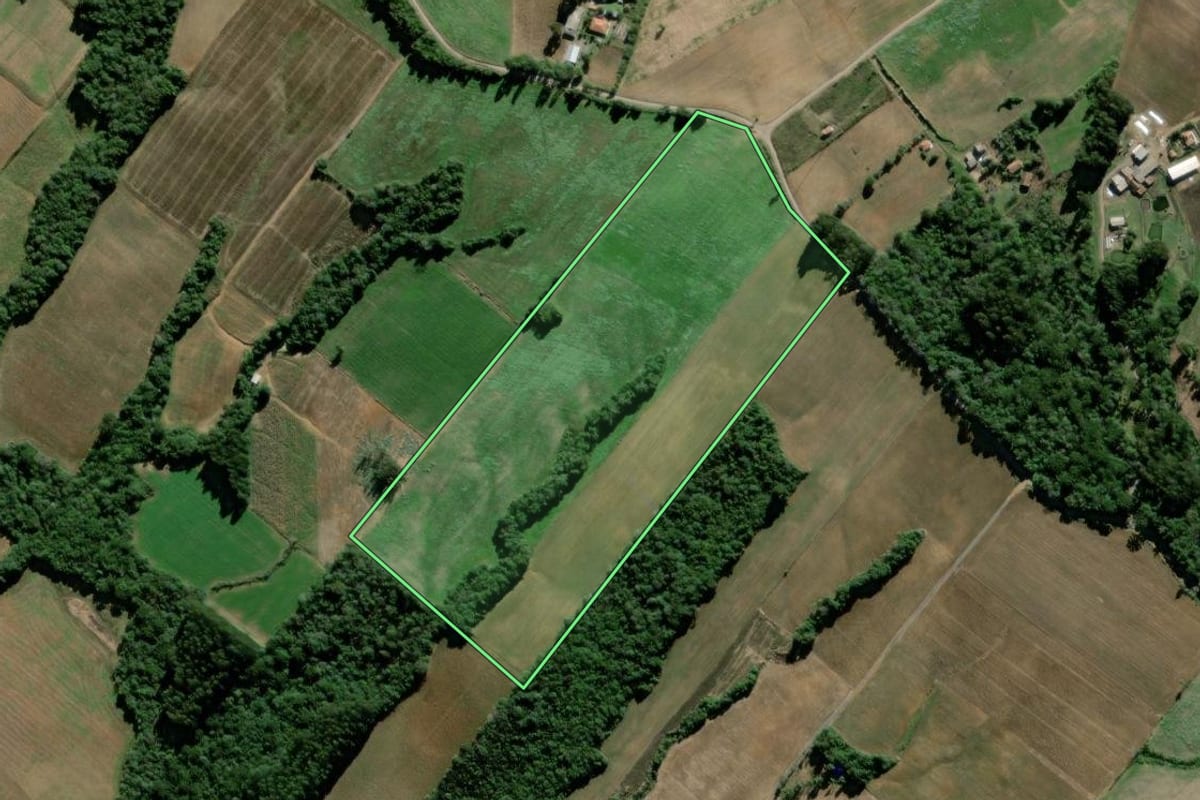 Imagem de satélite do imóvel rural em São Mateus do Sul (PR), com o contorno declarado no CAR desenhado por cima.