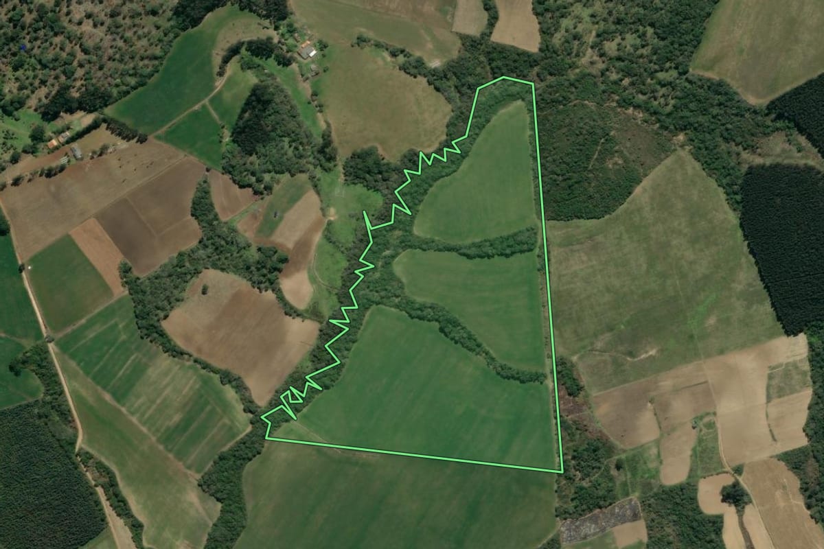 Imagem de satélite do imóvel rural em São Mateus do Sul (PR), com o contorno declarado no CAR desenhado por cima.