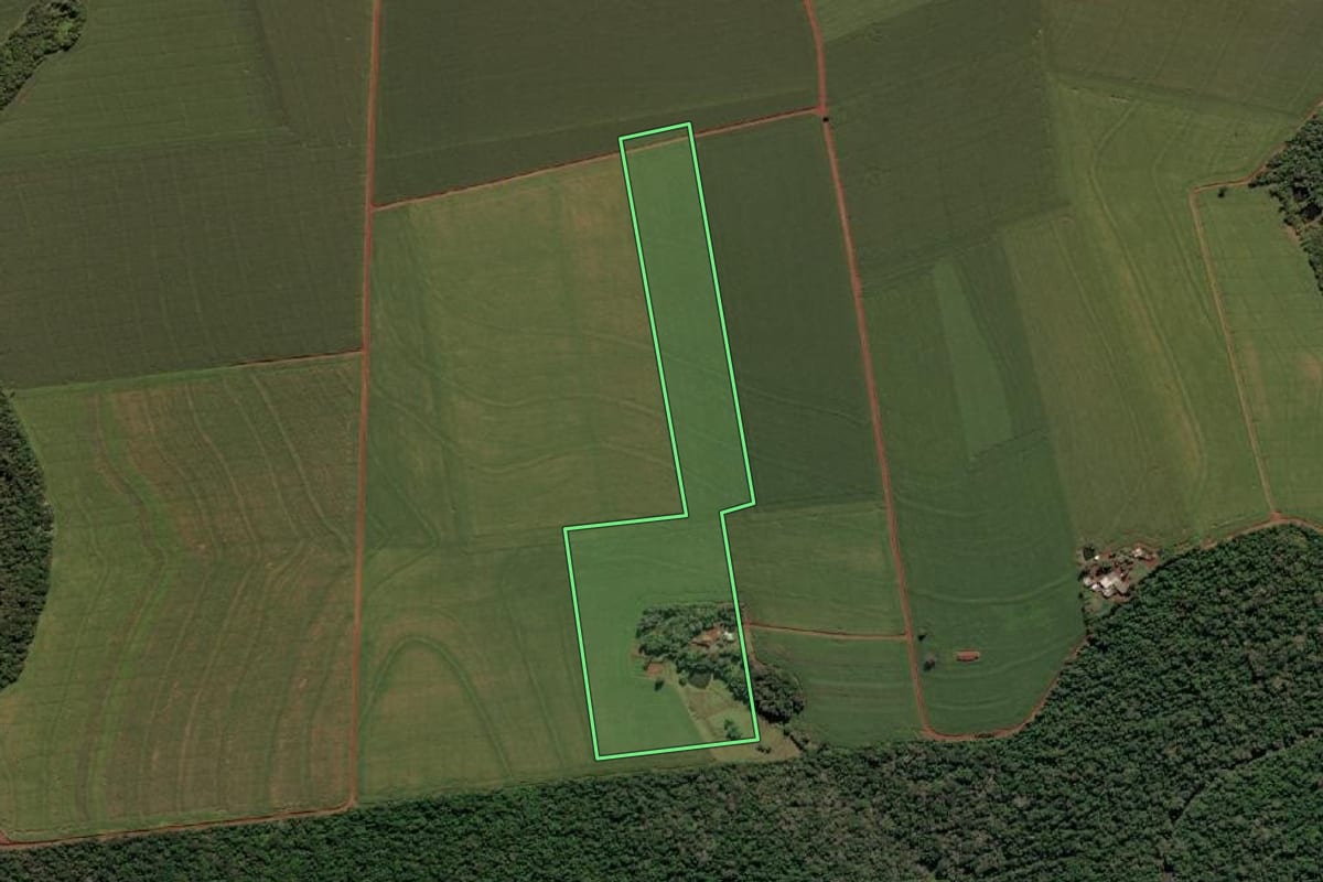 Imagem de satélite do imóvel rural em São Miguel do Iguaçu (PR), com o contorno declarado no CAR desenhado por cima.