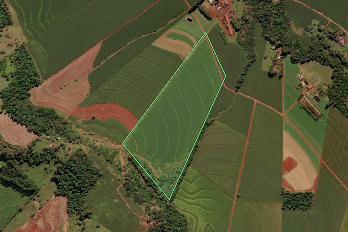Imagem de satélite do imóvel rural em São Miguel do Iguaçu (PR), com o contorno declarado no CAR desenhado por cima.