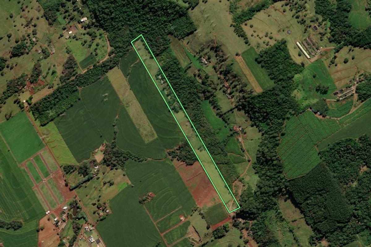 Imagem de satélite do imóvel rural em São Miguel do Iguaçu (PR), com o contorno declarado no CAR desenhado por cima.