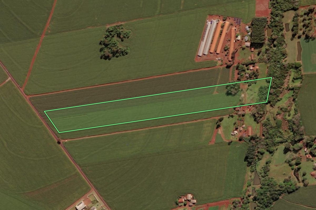 Imagem de satélite do imóvel rural em São Miguel do Iguaçu (PR), com o contorno declarado no CAR desenhado por cima.