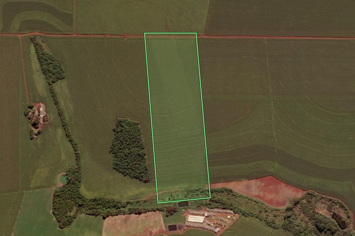Imagem de satélite do imóvel rural em São Miguel do Iguaçu (PR), com o contorno declarado no CAR desenhado por cima.