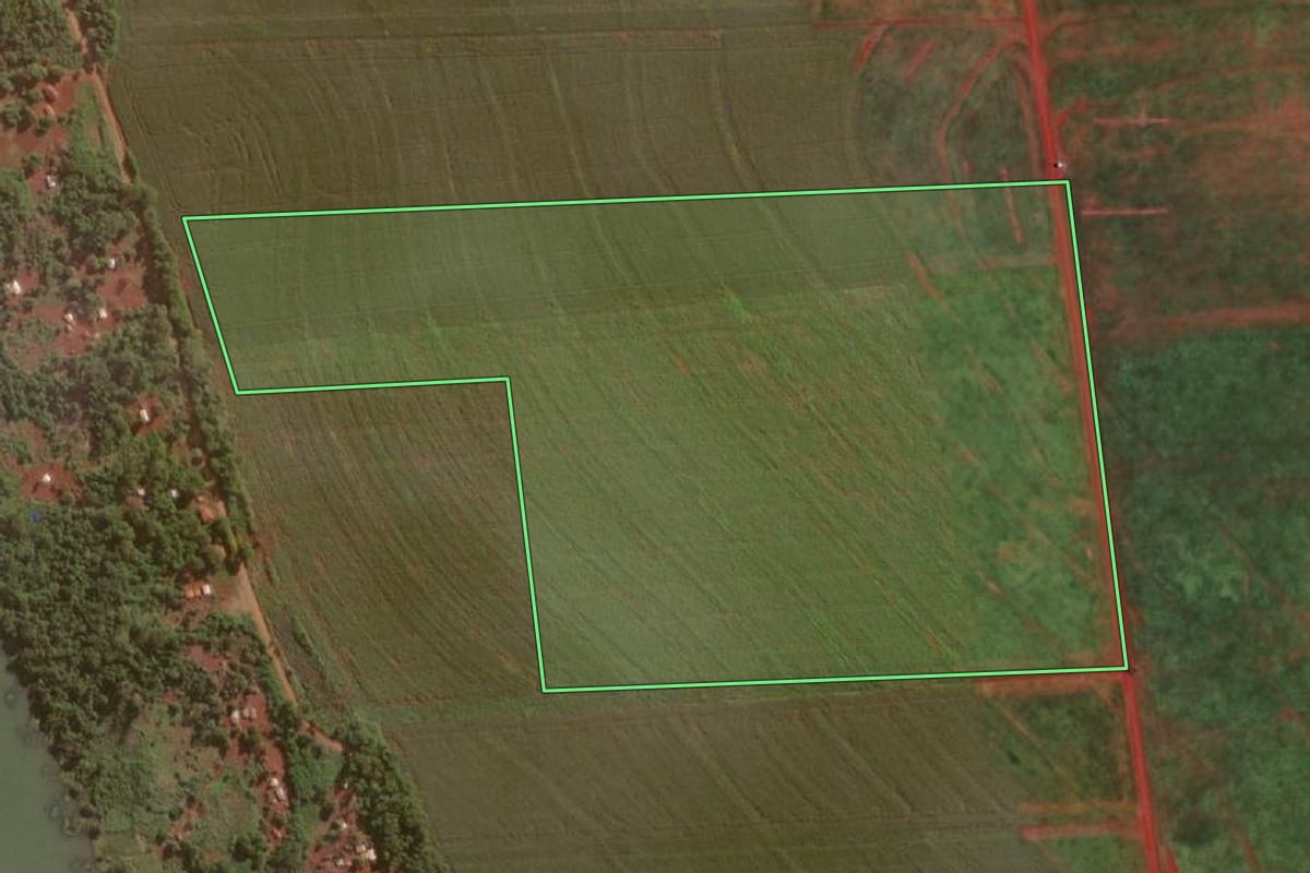 Imagem de satélite do imóvel rural em São Miguel do Iguaçu (PR), com o contorno declarado no CAR desenhado por cima.