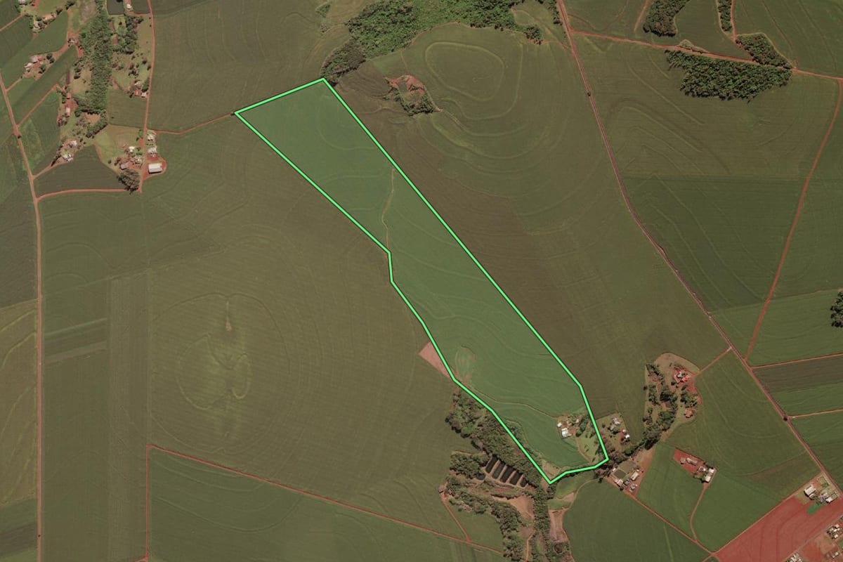 Imagem de satélite do imóvel rural em São Miguel do Iguaçu (PR), com o contorno declarado no CAR desenhado por cima.