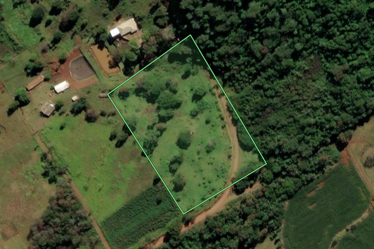 Imagem de satélite do imóvel rural em São Miguel do Iguaçu (PR), com o contorno declarado no CAR desenhado por cima.