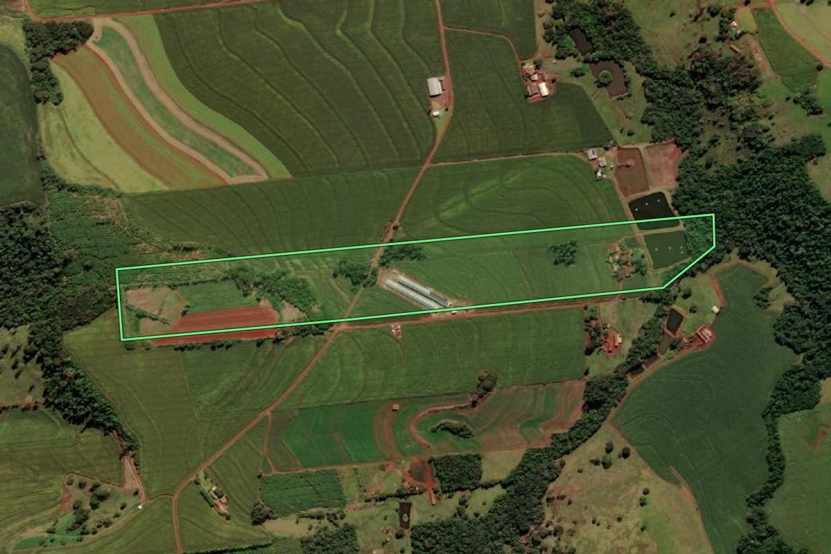 Imagem de satélite do imóvel rural em São Miguel do Iguaçu (PR), com o contorno declarado no CAR desenhado por cima.