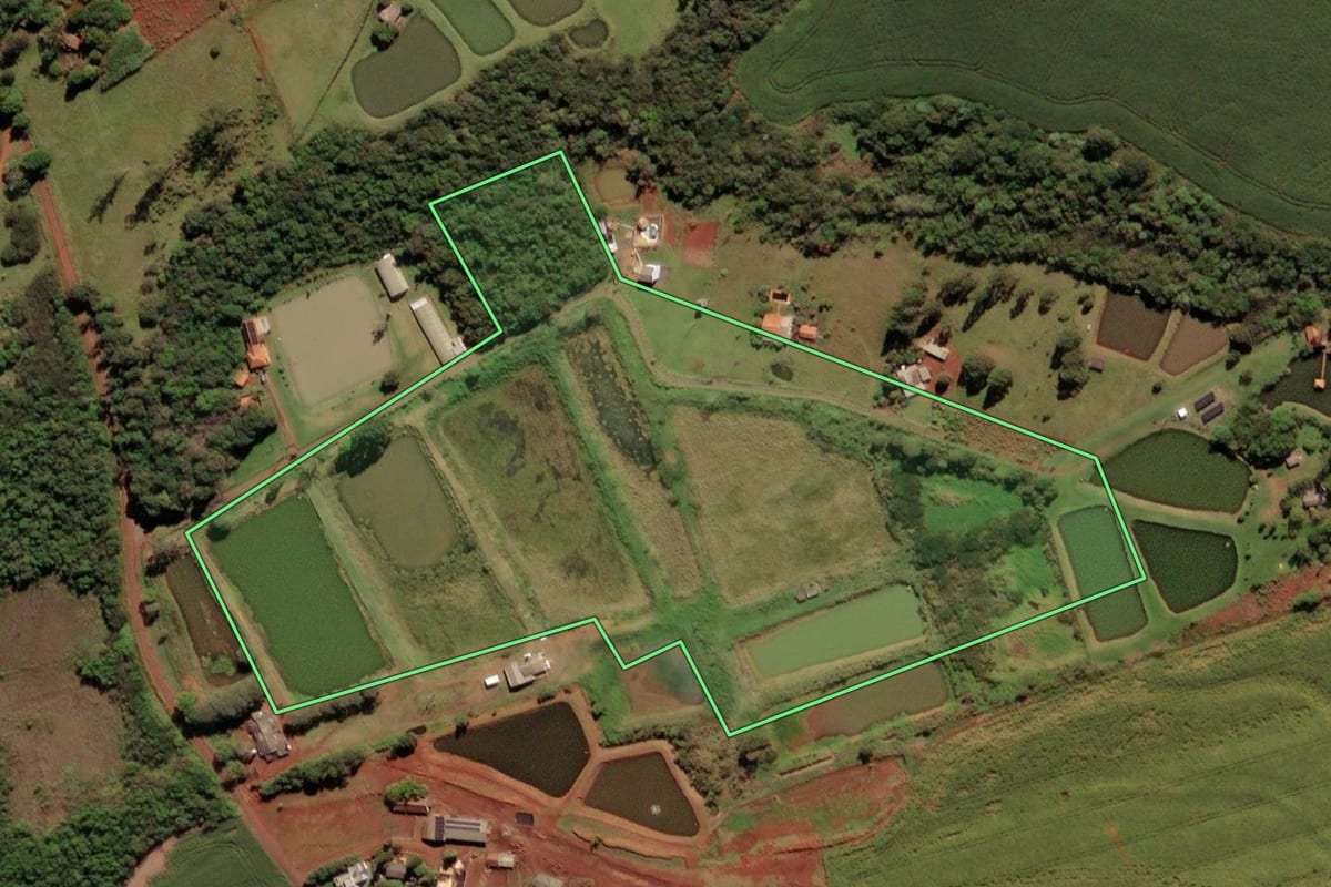 Imagem de satélite do imóvel rural em São Miguel do Iguaçu (PR), com o contorno declarado no CAR desenhado por cima.
