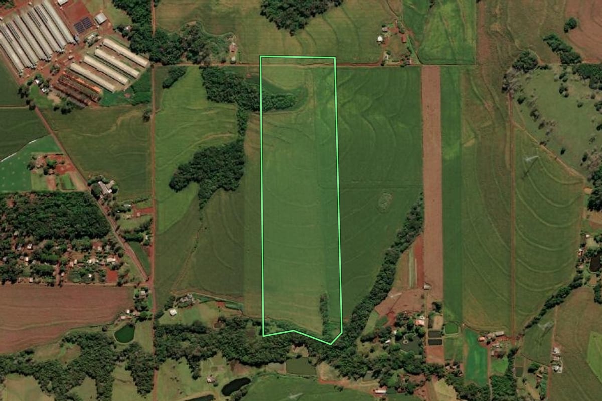 Imagem de satélite do imóvel rural em São Miguel do Iguaçu (PR), com o contorno declarado no CAR desenhado por cima.