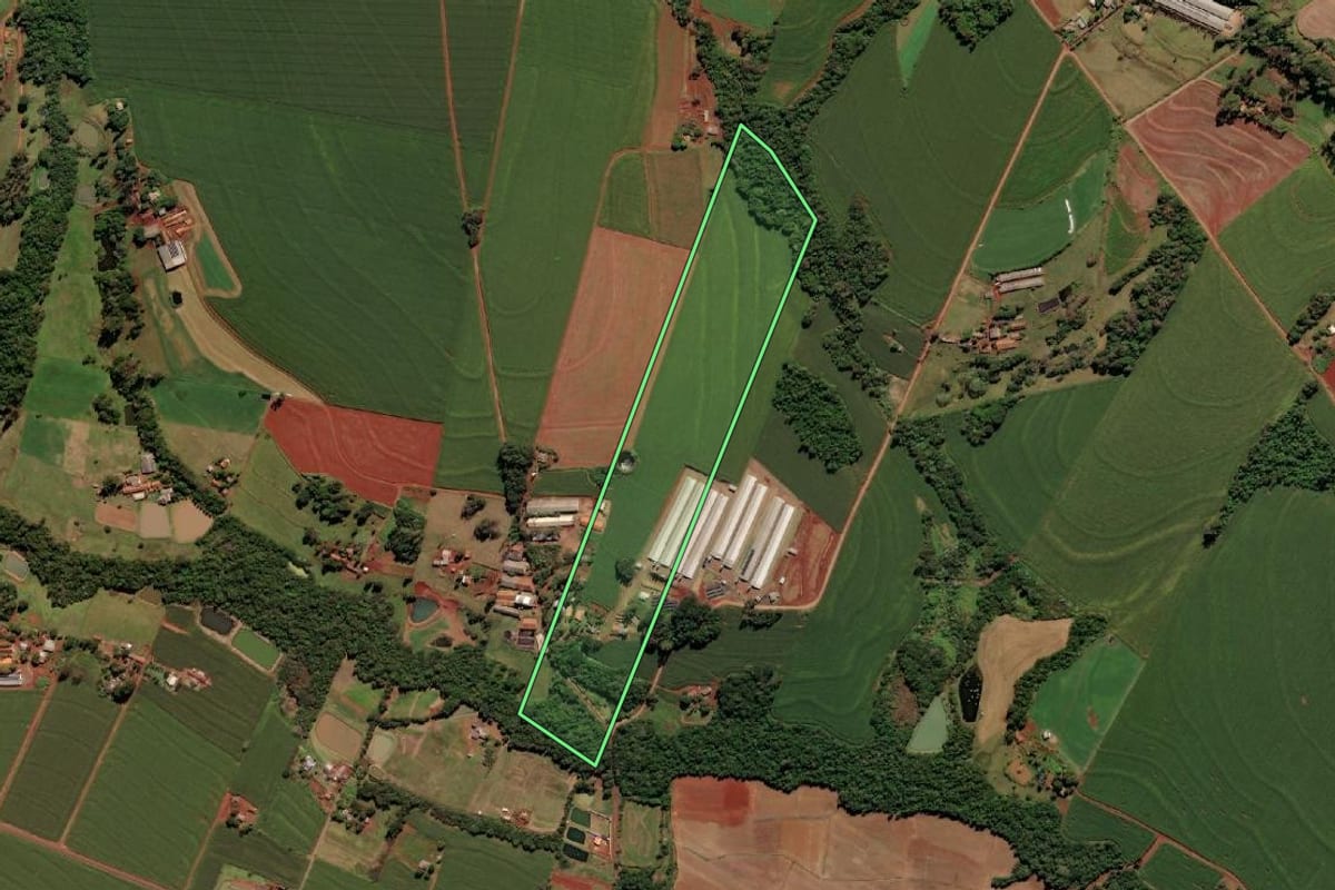 Imagem de satélite do imóvel rural em São Miguel do Iguaçu (PR), com o contorno declarado no CAR desenhado por cima.