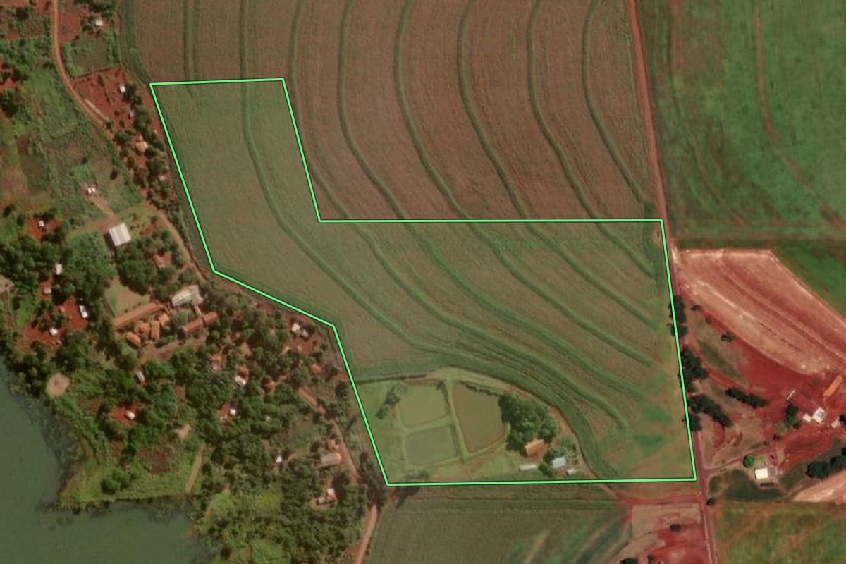 Imagem de satélite do imóvel rural em São Miguel do Iguaçu (PR), com o contorno declarado no CAR desenhado por cima.