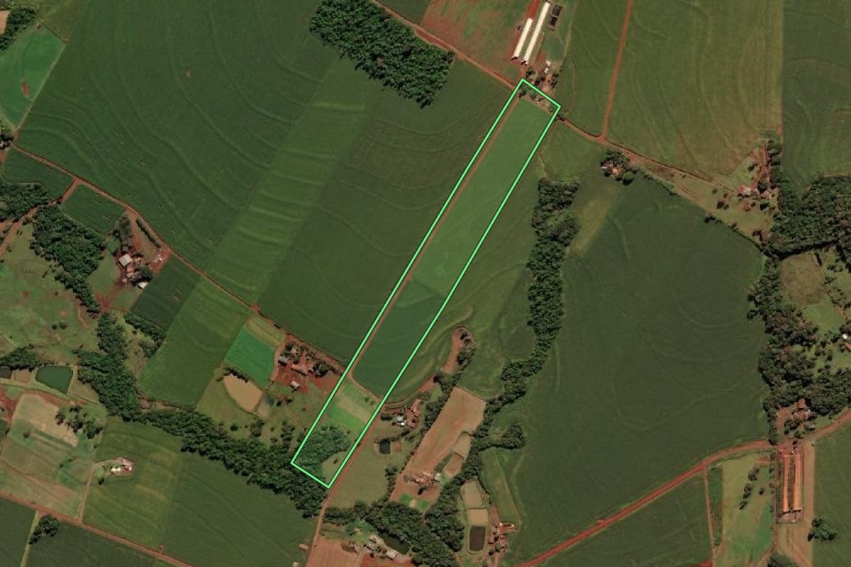 Imagem de satélite do imóvel rural em São Miguel do Iguaçu (PR), com o contorno declarado no CAR desenhado por cima.