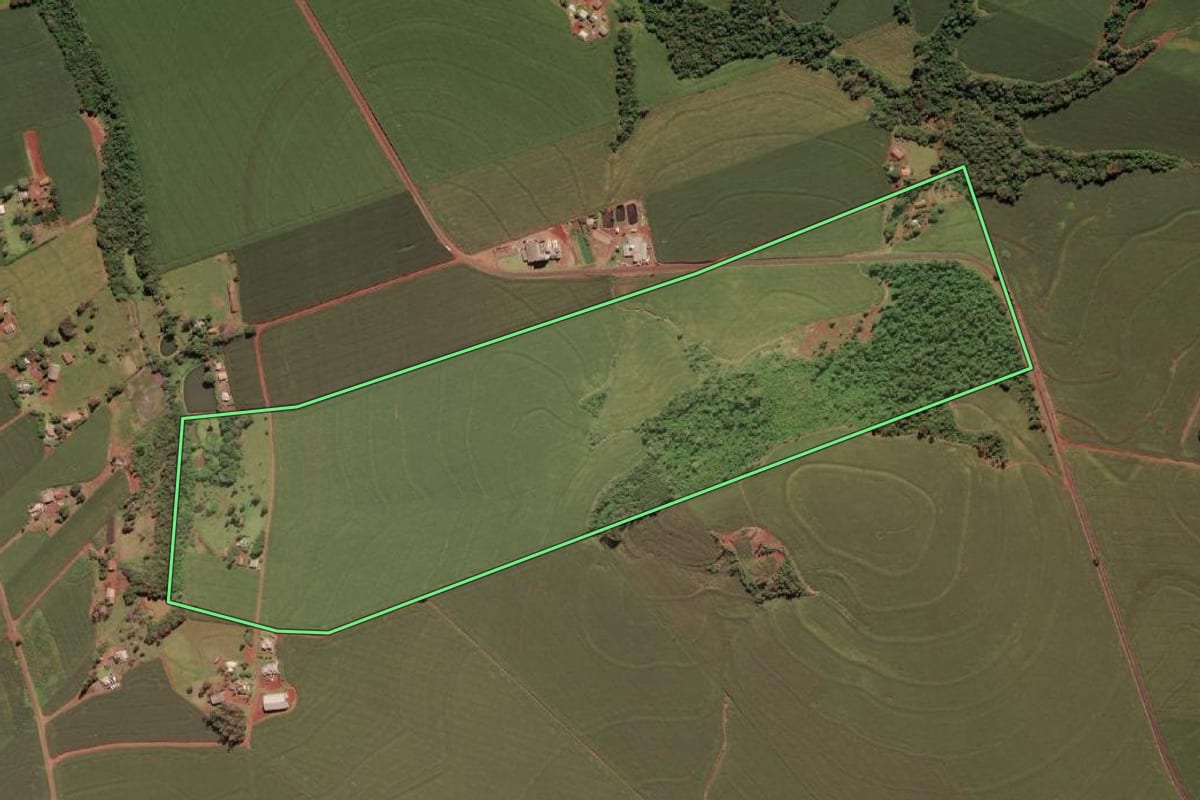 Imagem de satélite do imóvel rural em São Miguel do Iguaçu (PR), com o contorno declarado no CAR desenhado por cima.