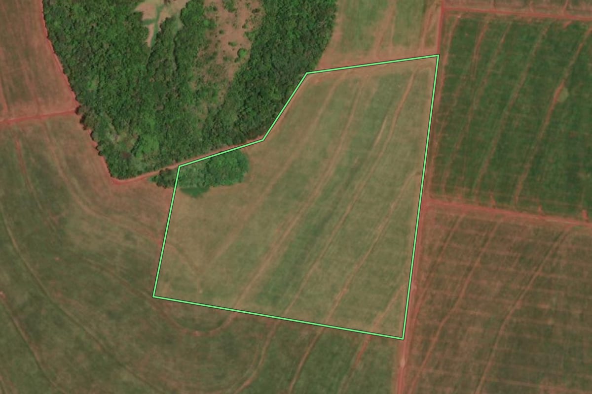 Imagem de satélite do imóvel rural em São Miguel do Iguaçu (PR), com o contorno declarado no CAR desenhado por cima.