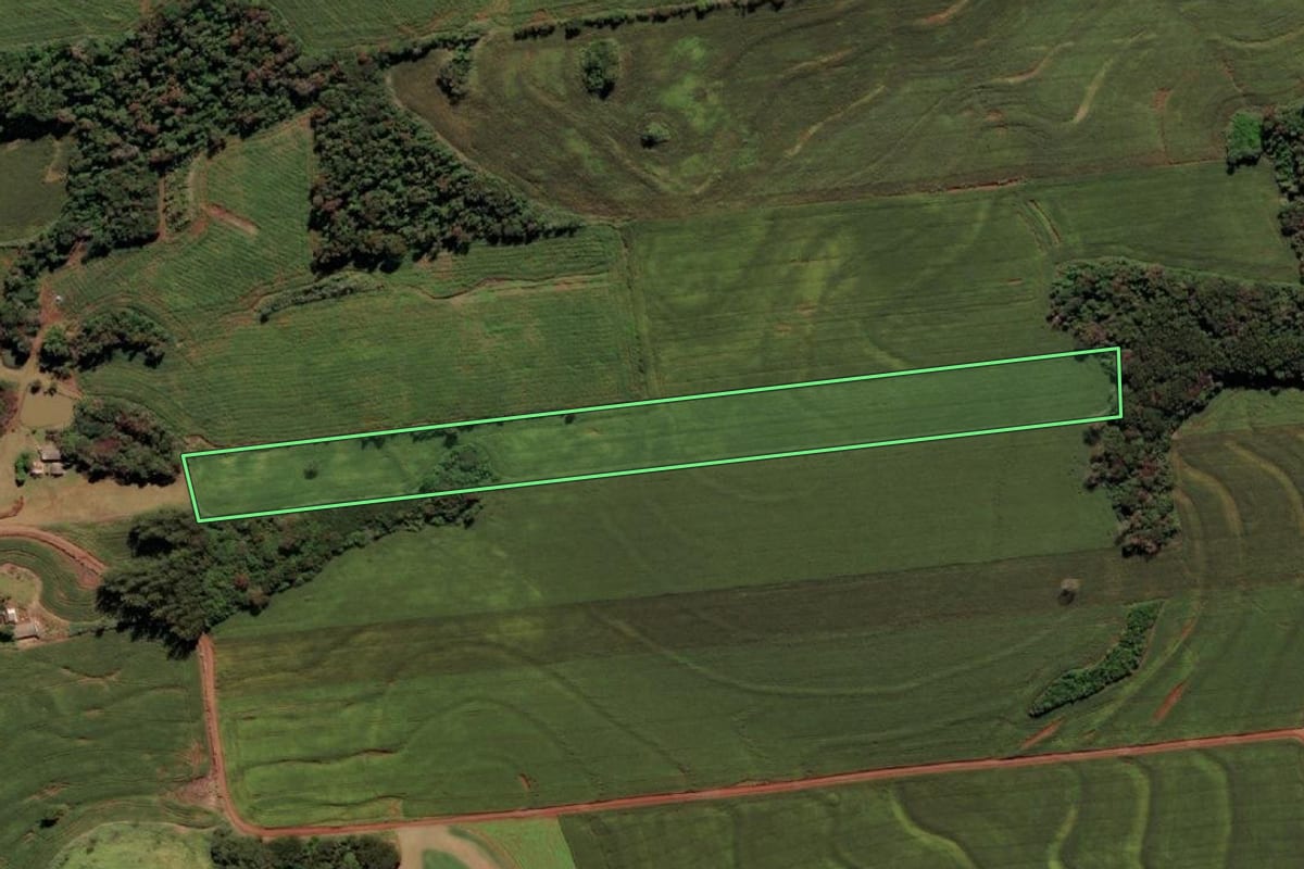 Imagem de satélite do imóvel rural em São Miguel do Iguaçu (PR), com o contorno declarado no CAR desenhado por cima.