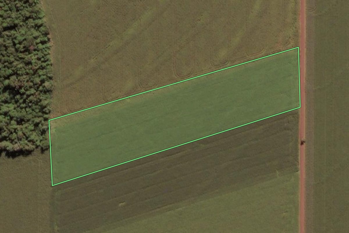 Imagem de satélite do imóvel rural em São Miguel do Iguaçu (PR), com o contorno declarado no CAR desenhado por cima.