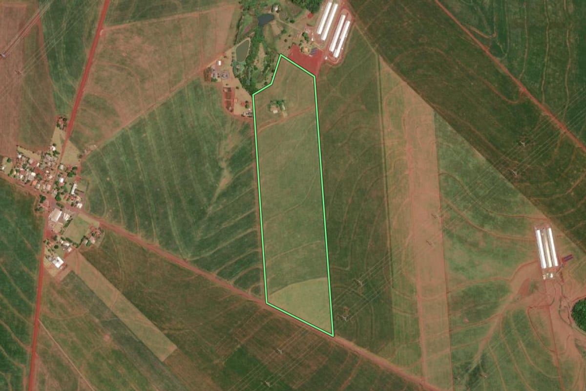 Imagem de satélite do imóvel rural em São Miguel do Iguaçu (PR), com o contorno declarado no CAR desenhado por cima.