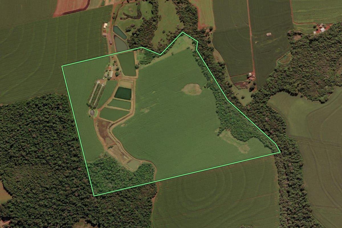 Imagem de satélite do imóvel rural em São Miguel do Iguaçu (PR), com o contorno declarado no CAR desenhado por cima.